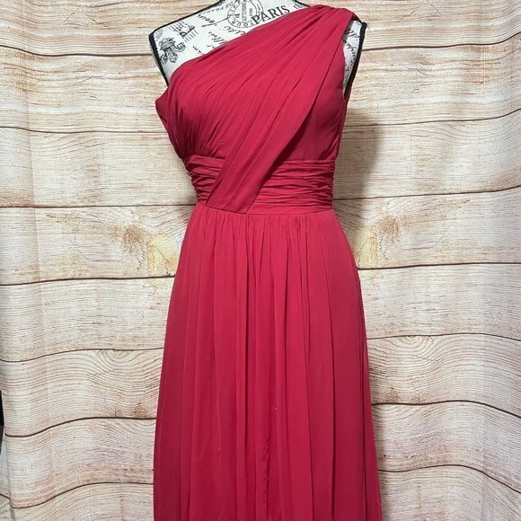 After Six Parisian Red‎ K505 One Shoulder Chiffon Shirred Front Slit Maxi Gown - Picture 1 of 9